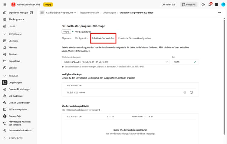Registerkarte „Content wiederherstellen“ einer Umgebung
