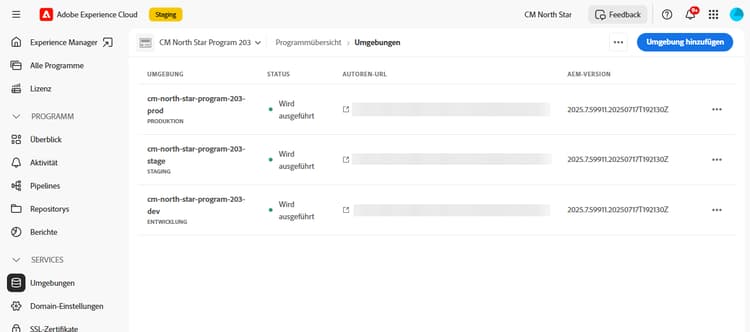 Registerkarte „Umgebungen“