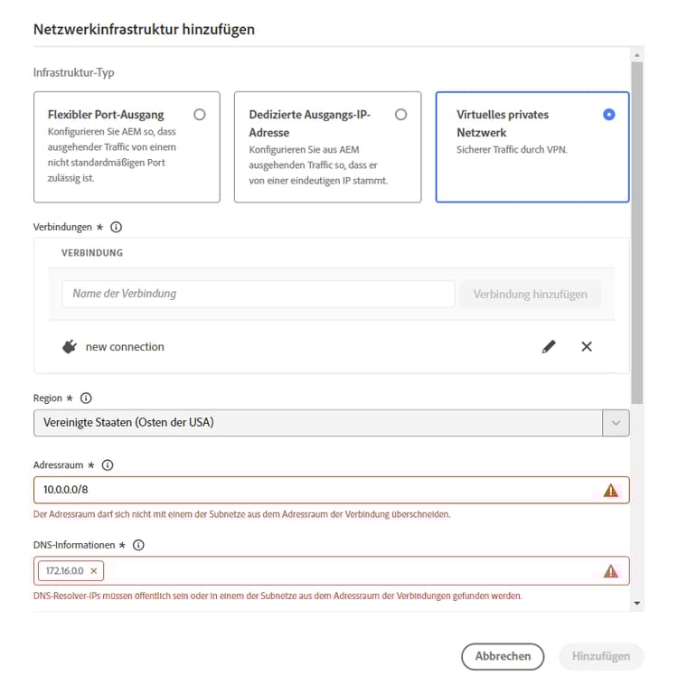 Dialogfeld „Netzwerkinfrastruktur hinzufügen“