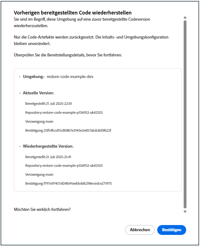 Dialogfeld „Zuvor bereitgestellten Code wiederherstellen“