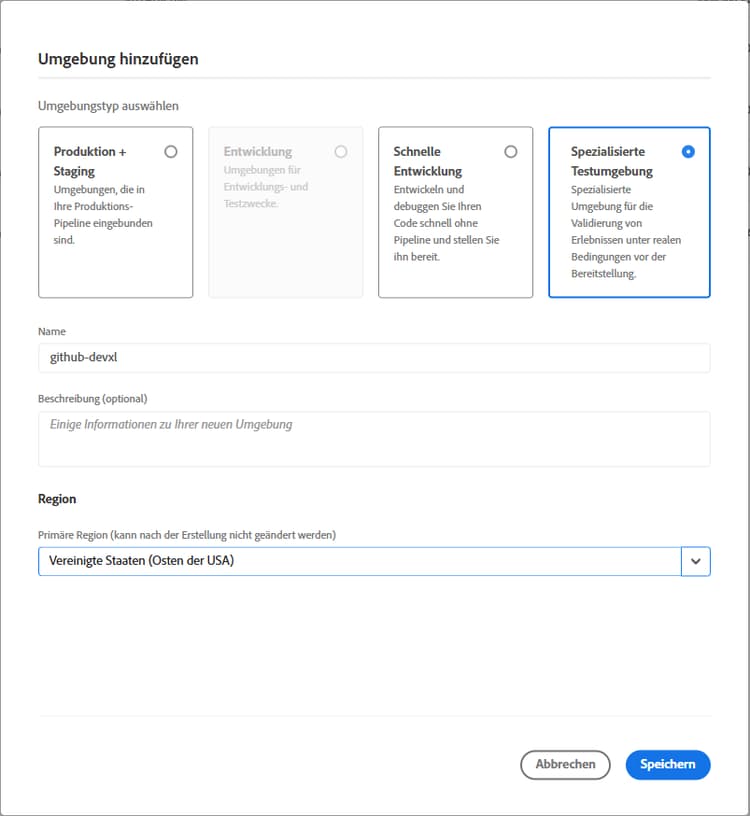 Dialogfeld „Umgebung hinzufügen“ mit aktiviertem Optionsfeld „Spezialisierte Testumgebung“
