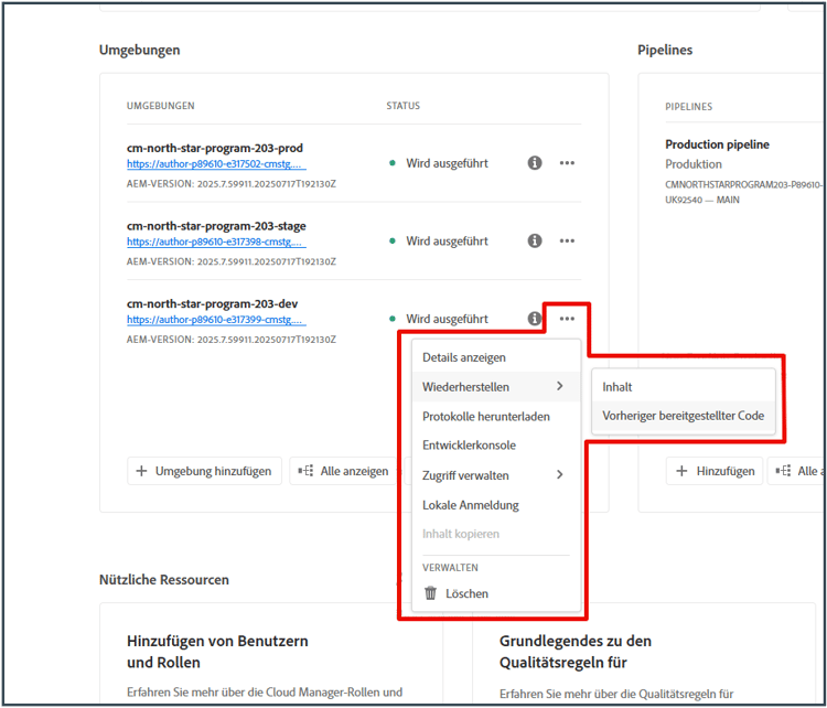 Stellen Sie kundenspezifischen Quell-Code über die Karte „Umgebungen“