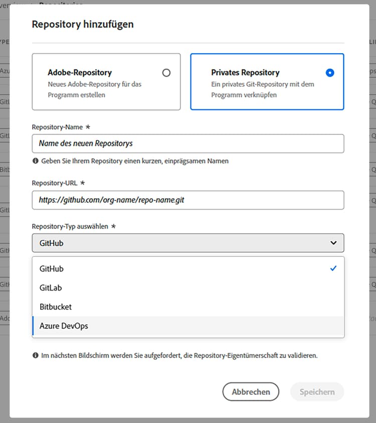Dialogfeld „Repository hinzufügen“