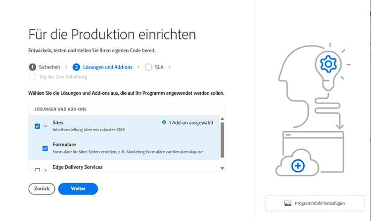 Forms-Add-on in „Lösungen und Add-ons“ beim Erstellen eines Produktionsprogramms