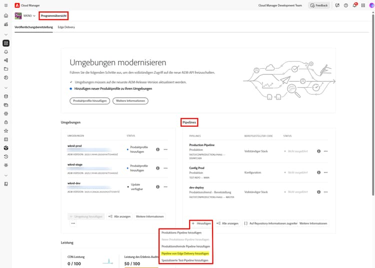 „Edge Delivery-Pipeline hinzufügen“ in der Dropdown-Liste „Pipeline hinzufügen“
