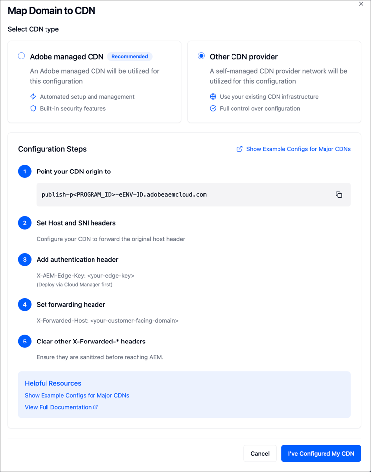 Dialogfeld „Domain einem CDN zuordnen“ mit aktiviertem Optionsfeld „Andere CDN-Anbieter“