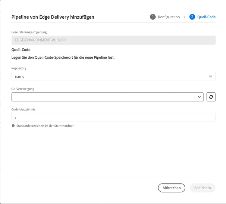 Dialogfeld „Edge Delivery-Pipeline hinzufügen“