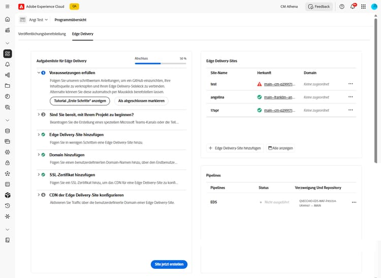 Edge Delivery-Pipeline-Widget, das Pipeline-Namen, -Status, -Repository und -Verzweigung anzeigt