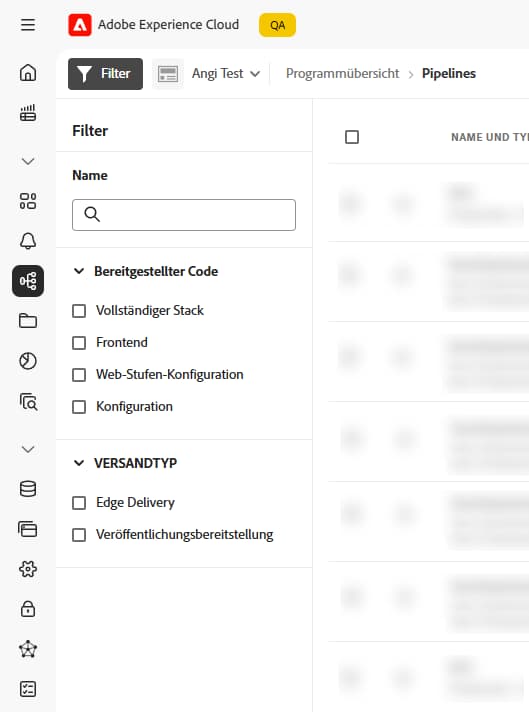 Filterbedienfeld, das den neuen Bereitstellungstyp der Edge-Bereitstellung und der Veröffentlichungsbereitstellung anzeigt