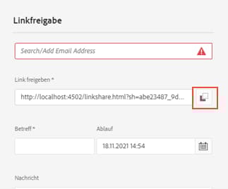 Option „URL kopieren“ beim Freigeben eines Assets als Link