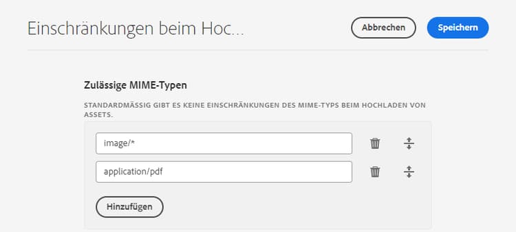 Einschränkungen beim Hochladen von Assets
