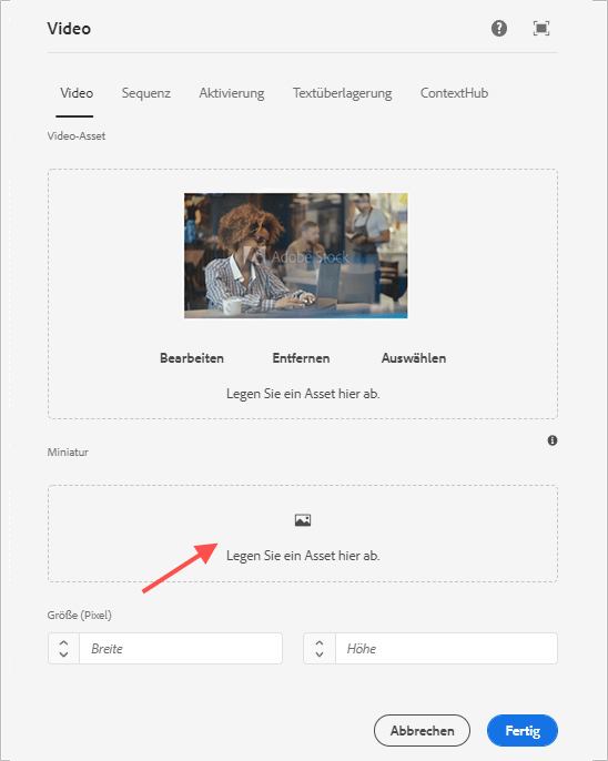 Das Video-Dialogfeld zeigt ein Bild des Video-Assets und die Dropbox für die Miniaturansicht