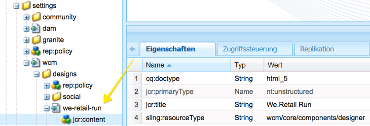 Design-Seite unter /apps/settings/wcm/designs/we-retail-run