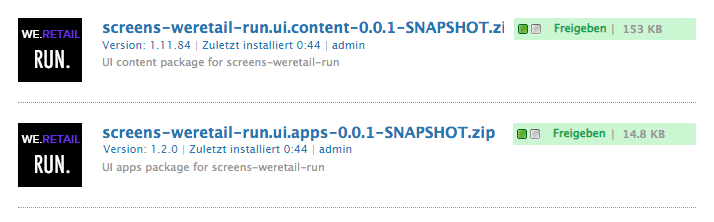 Pakete Ui.Apps und Ui.Content für das Screens-Projekt „We.Retail Run“ über CRX Package Manager installiert