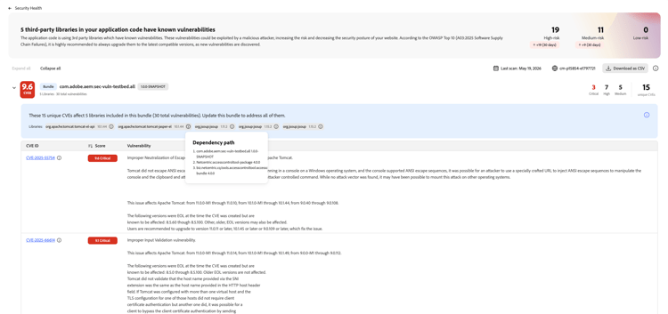 Ein einzelnes Bundle gruppiert Sicherheitslücken aus seinen verschachtelten Abhängigkeiten