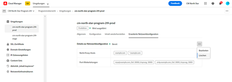 Auswählen der Bearbeitung oder Löschung erweiterter Netzwerkkonfigurationen auf Programmebene