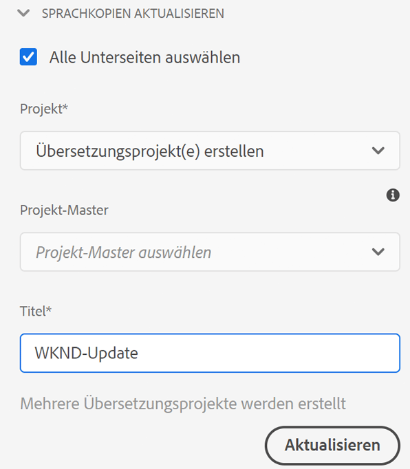 Erstellen eines Projekts zum Aktualisieren von Sprachkopien