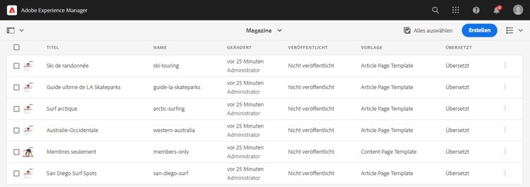 Übersetzungsstatus in der Listenansicht