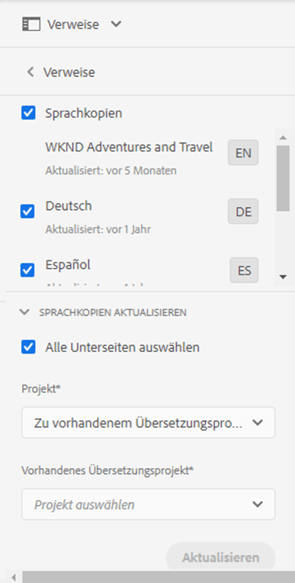 Aktualisieren von Sprachkopien aus der Leiste „Verweise“