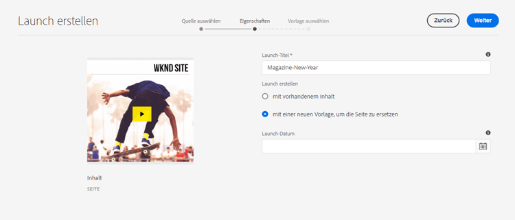 Erstellen eines Launches mit einer neuen Vorlage