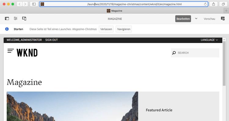 Navigieren zum Launch über den Seiten-Editor