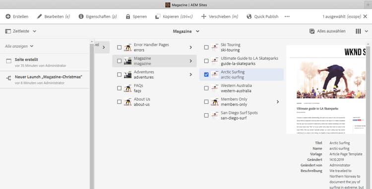 Navigieren in der Sites-Konsole über „Inhalt verwalten“