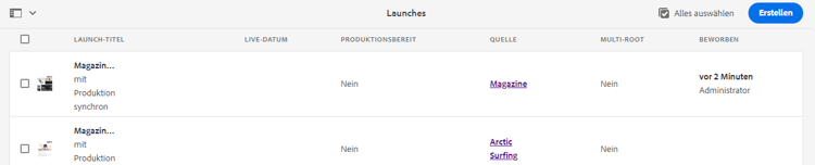 In der Konsole „Launches“