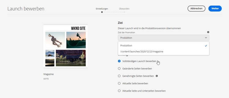 Einstellungen zum Weiterleiten von Launches