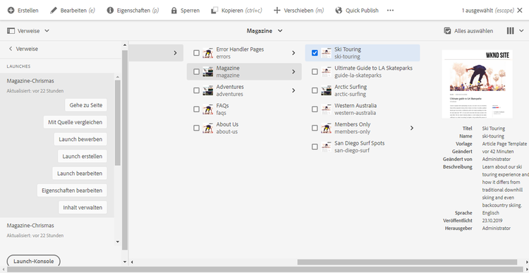 Aktionen für Launches in der Sites-Konsole