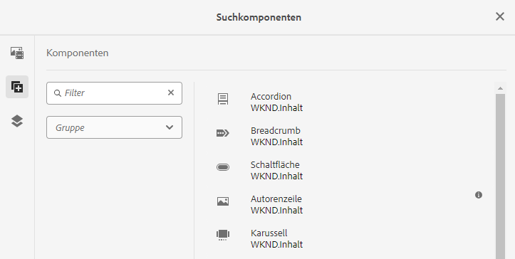 Komponenten-Browser auf einem Mobilgerät