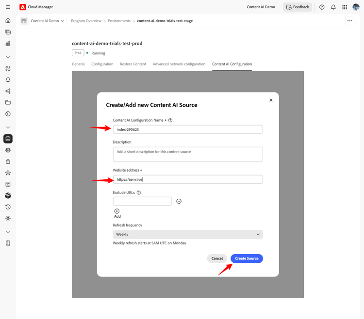 Das Dialogfeld „Content AI Source erstellen“ mit ausgefüllten Feldern „Name“ und „Website-Adresse“ und der hervorgehobenen Schaltfläche "Source erstellen“