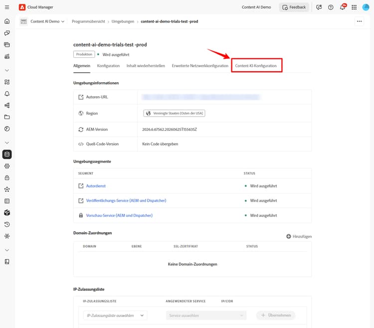 Detailseite der Umgebung mit hervorgehobener Registerkarte „Content-KI-Konfiguration“