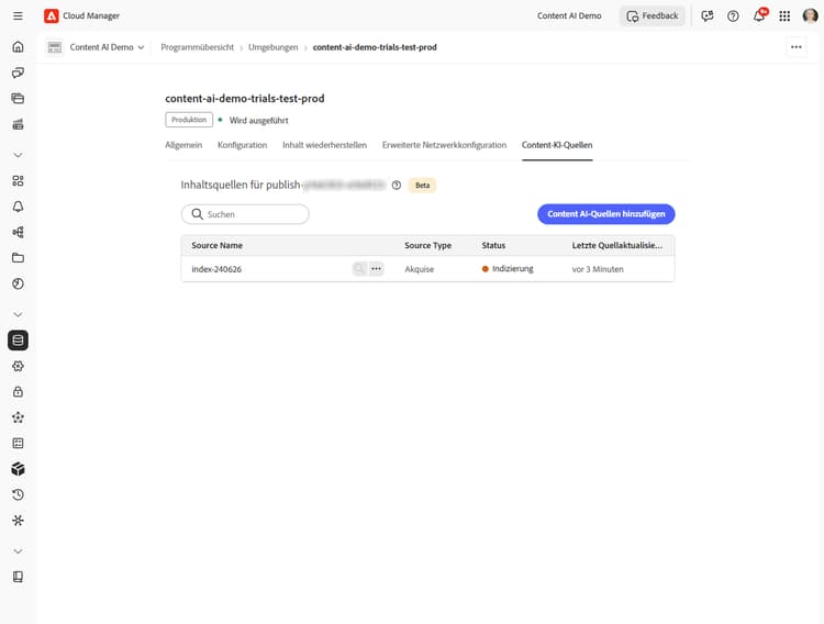 Liste der Inhaltsquellen mit dem Indizierungsstatus
