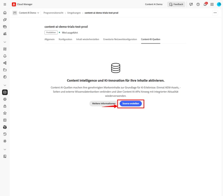 Registerkarte „Content-KI-Konfiguration“ mit der Schaltfläche „Quelle erstellen“