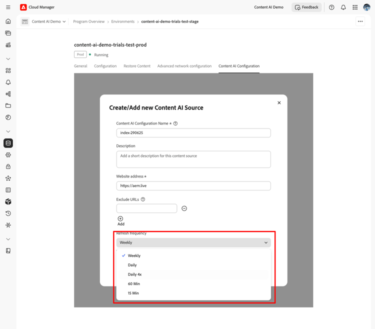 Dropdown-Liste „Häufigkeit der Aktualisierung“ mit verfügbaren Optionen