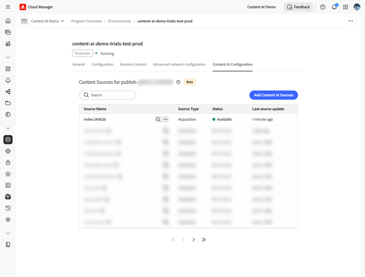 Liste der Inhaltsquellen mit dem Status „Verfügbar“