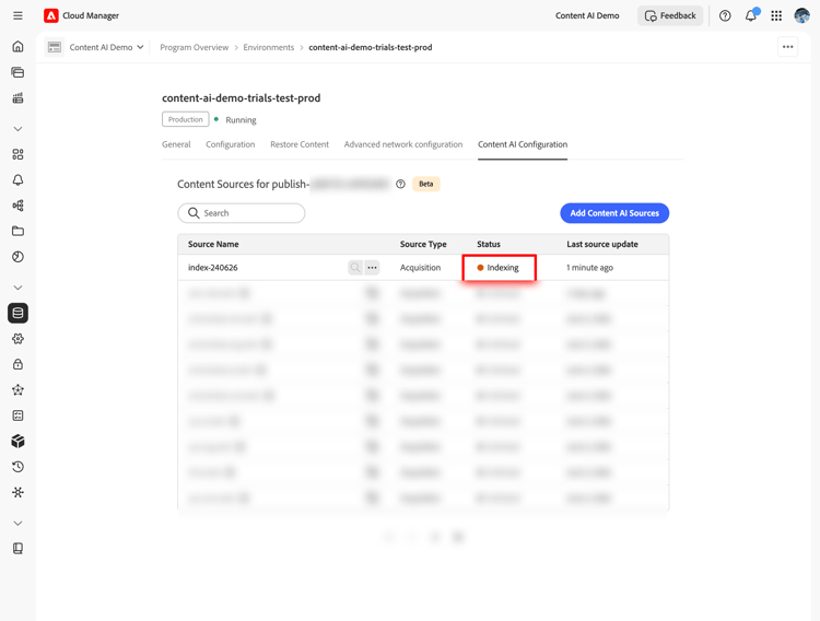 Liste der Inhaltsquellen, in der die neu erstellte Quelle im Indizierungsstatus angezeigt wird