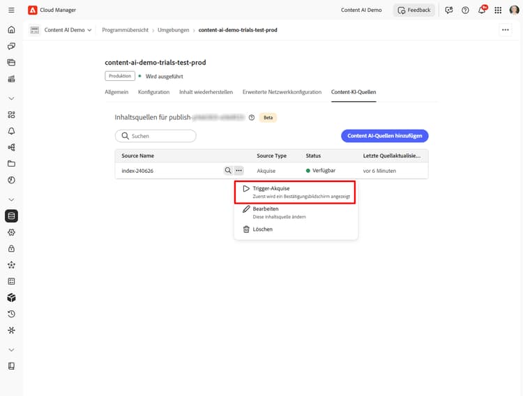 Content-KI-Quellenliste mit geöffnetem Menü „Weitere Aktionen“ und hervorgehobener Option „Erfassung auslösen“