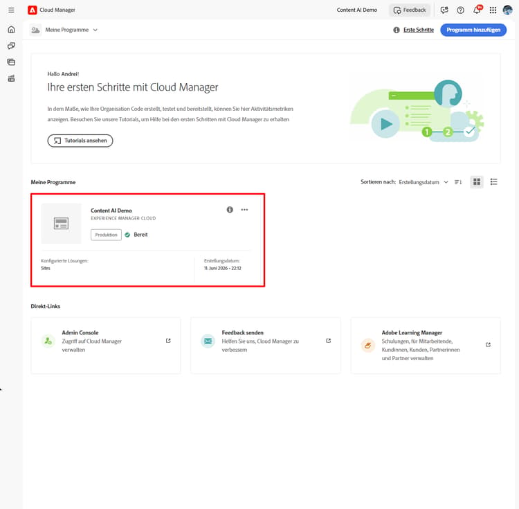 Cloud Manager-Startseite mit der Programmkarte