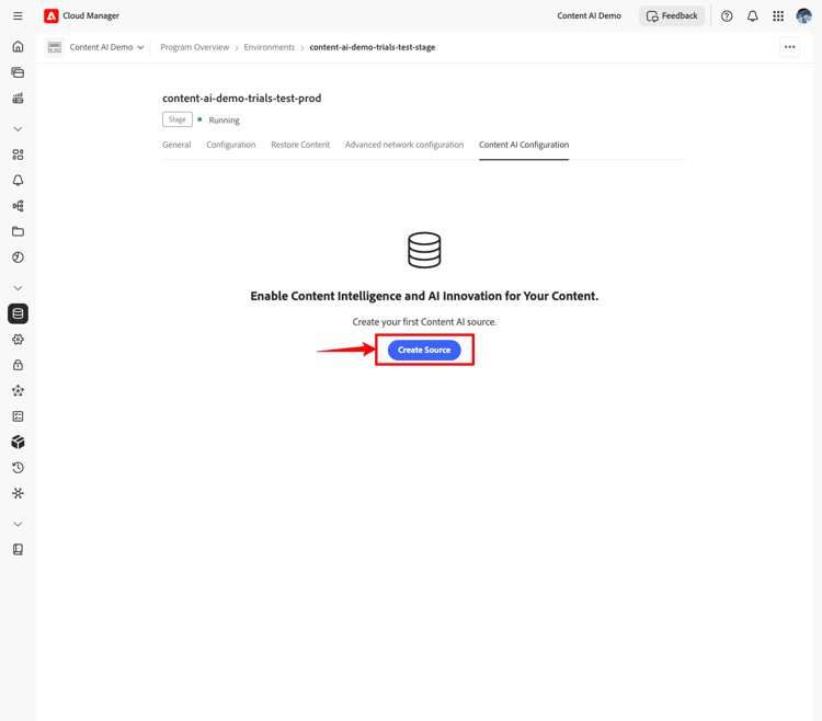 Registerkarte „Konfiguration der Content-KI“ mit der Schaltfläche "Source erstellen“