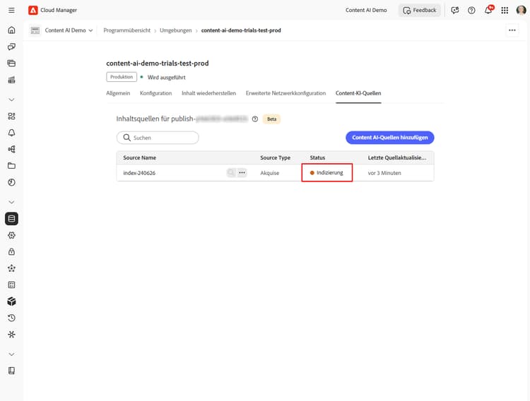 Liste der Inhaltsquellen mit der neu erstellen Quelle in Indizierungsstatus