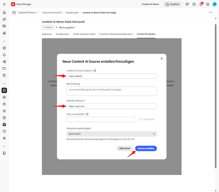 Dialogfeld „Content-KI-Quelle erstellen“ mit ausgefüllten Feldern für Name und Website-Adresse und hervorgehobener Schaltfläche „Quelle erstellen“