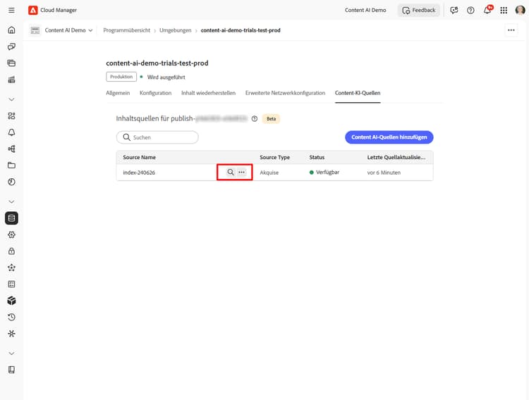 Liste der Inhaltsquellen mit hervorgehobenem Symbol „Suchen“ bei einer verfügbaren Quelle
