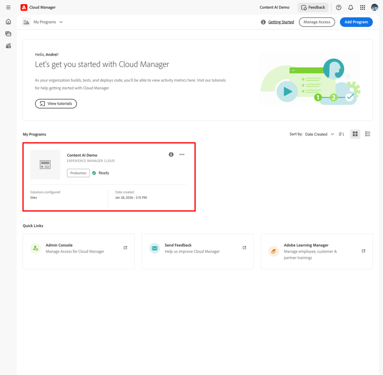 Cloud Manager-Startseite mit der Programmkarte