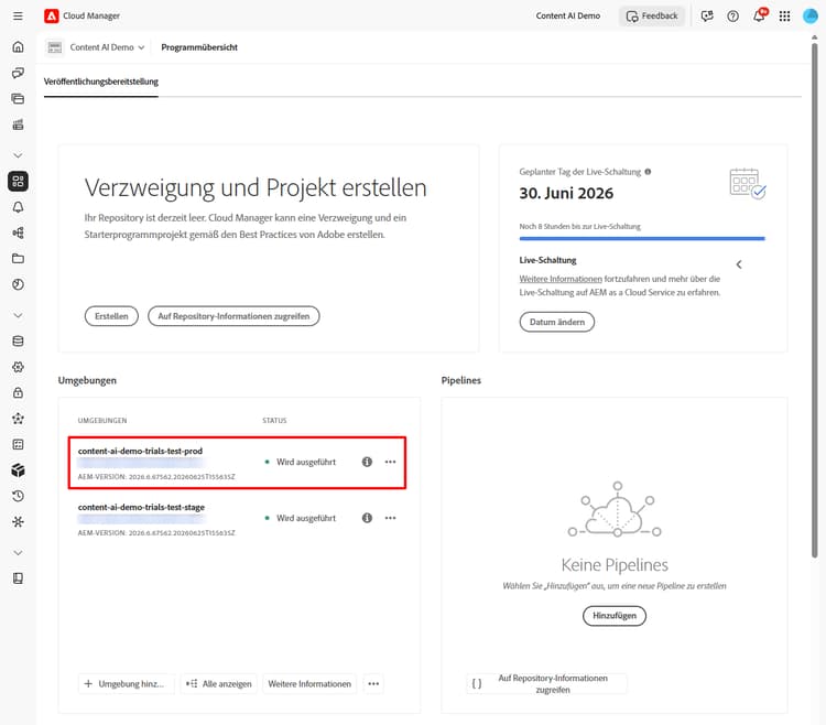 Programmüberblick mit einer hervorgehobenen Produktionsumgebung