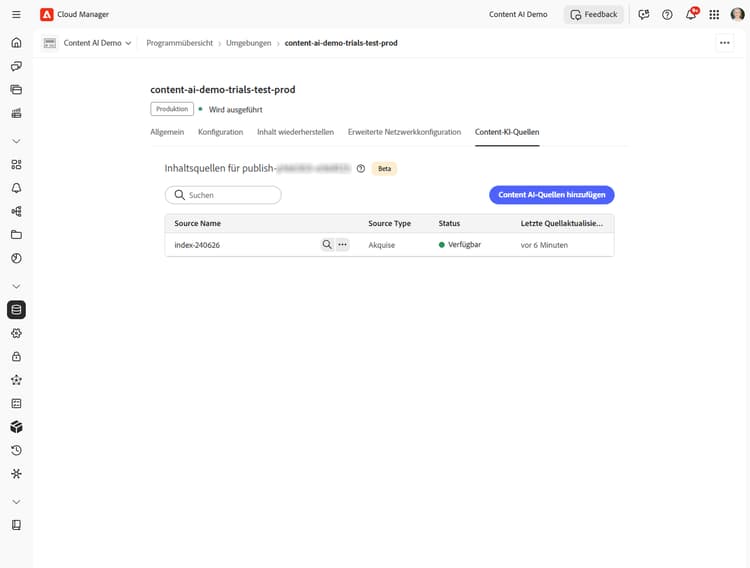 Liste der Inhaltsquellen mit dem Status „Verfügbar“