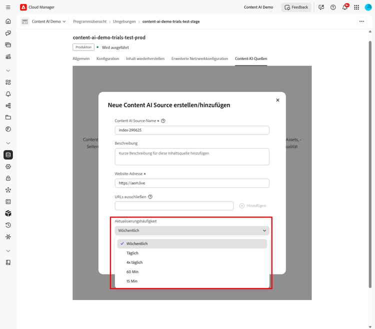 Dropdown-Menü „Aktualisierungshäufigkeit“ mit den verfügbaren Optionen