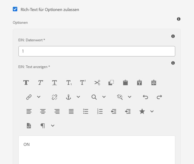 Rich-Text-Unterstützung für Optionen