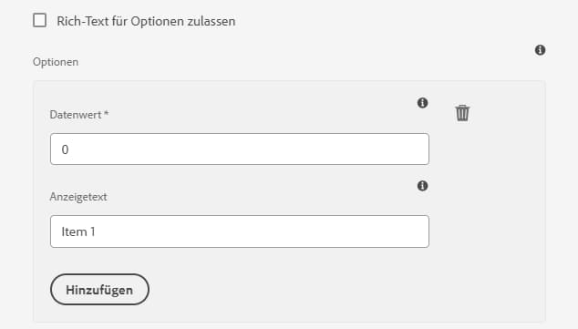 Rich-Text-Unterstützung für Optionen