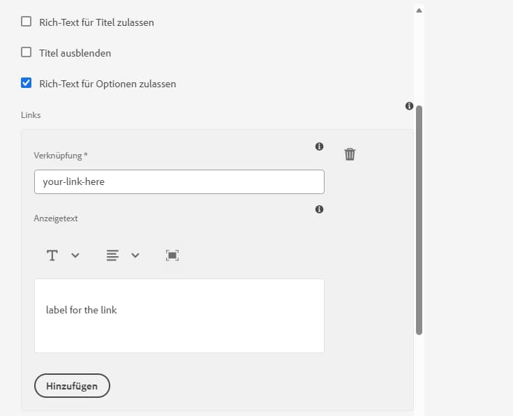 Rich-Text-Unterstützung für Optionen